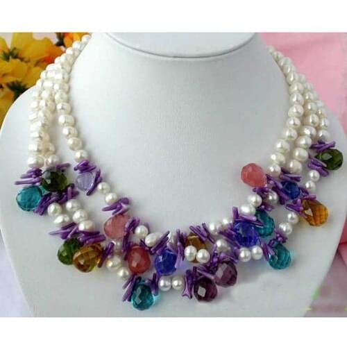 Fashion Women Pearl Jewellery Gift,3Rows 7-15mm Crystal White Freshwater Cultured Pearl Necklace,Wholesale,Free Shipping