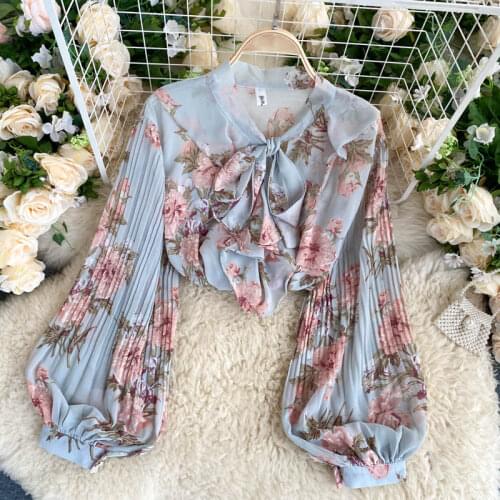 SINGREINY Women Korean Floral Blouse Sweet Bow Collar Lantern Sleeve Chiffon Tops Summer Bohemian Casual Loose Vacation Blouses