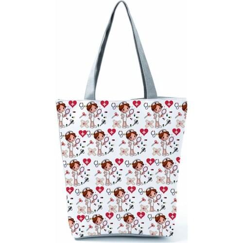 Female Nurse Printed Women Shopping Bag Fashion Love Large Capacity Eco Reusable Shoulder Bag Travel Handbag Can Custom Pattern