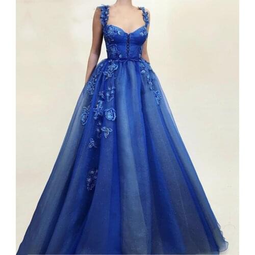 Navy Blue Evening Dresses Spaghetti Strap Handmade Flowers A-Line Arabic Prom Gown Custom Made Party Dress for Graduation