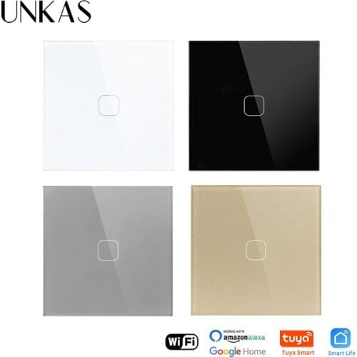 UNKAS EU Standard 1 Gang Tuya/Smart Life WiFi Wall Light Touch Switch Crystal Glass Panel Wireless Control Touch Light Switch