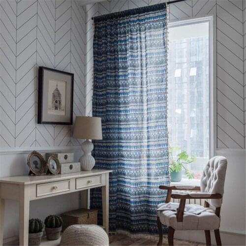 1.5M Width Printing Blue Bohemian Curtains Living Room Curtains Cotton Linen Semi-shading Bay Window Curtains Home Decoration
