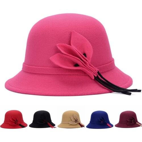 British Style Ladies Top Caps Autumn Winter Warmth Imitation Wool Felt Hat Leaf Flower Hat Women Bucket Hats