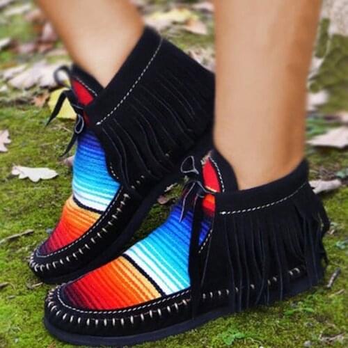 Women Tassel Stripe Ankle Boots 2020 Womens Rainbow Sewing Woman Flat Female Shoe Ladies Casual Hook Loop Footwear Plus Size 43