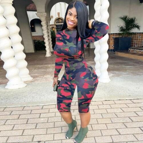 Camouflage Print Rompers Womens Jumpsuit 2021 Round Neck Full Sleeve Skinny Midi Playsuit Streetwear Workout Sporty Bodysuits