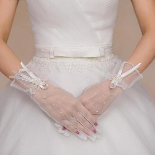 2019 Fashion White Lace Pear Full Finger Short Bride Wedding Gloves Wedding Accessories For Wedding Prom Evening