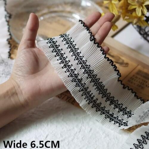 6.5CM Wide White Chiffon Pleated Fabric Stretch Lace Embroidered Ribbon Apparel Collar Neckline Elastic Ruffle Trim Sewing Decor