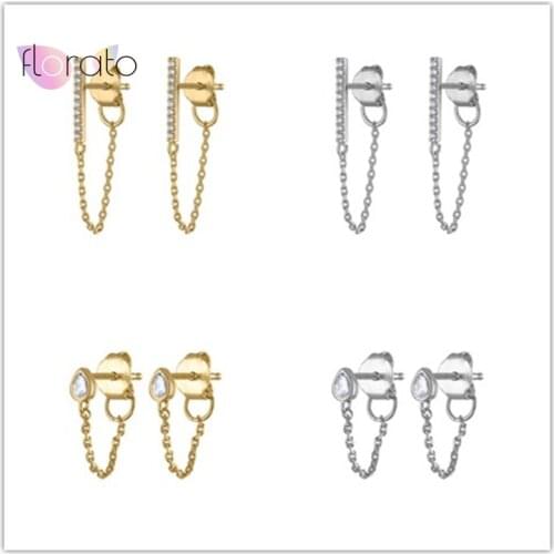 925 Sterling Silver Ear Needle Chain Link Stud Earrings for Women Minimalist Long Tassel Earrings Geometry Teardrop Earrings