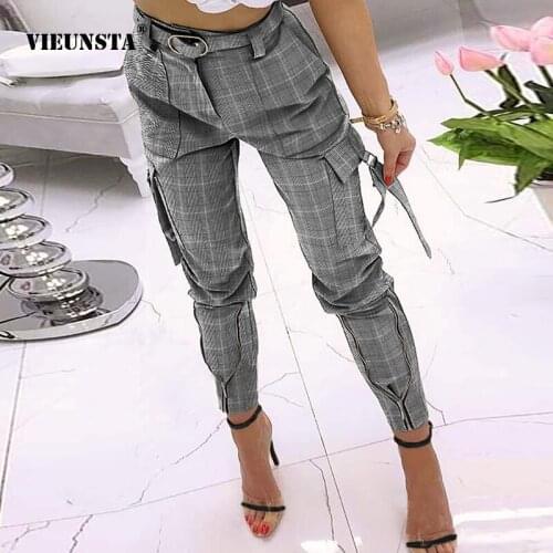 5XL Women Casual High Waist Cargo Pant Fashion Office Lady Zipper Design Skinny Trouser Spring Plaid Print Long Pants Streetwear