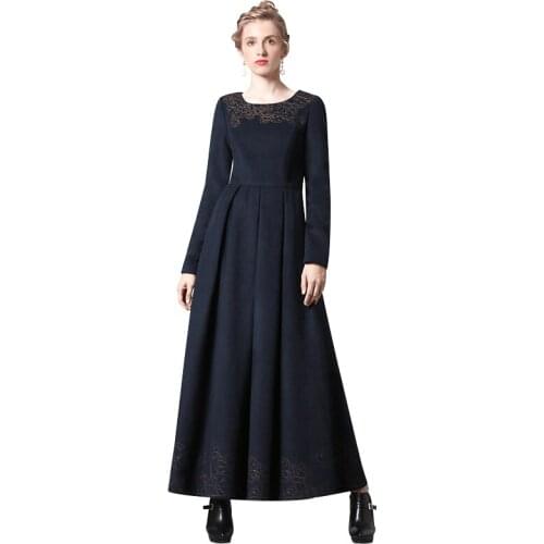 Luxury Autumn Winter Cotton Wool Navy Long Dress Embroidery New Year Party Night Dress Evening Maxi Clothing DH1053