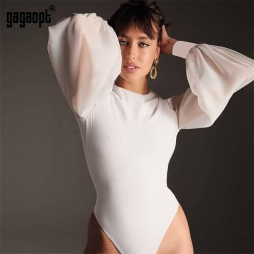 Gagaopt New Lace Puff Sleeve Womens Bodysuit Autumn Elegant Vintage Bodycon Jumpsuit Tops Skinny Mesh Rompers Ladies