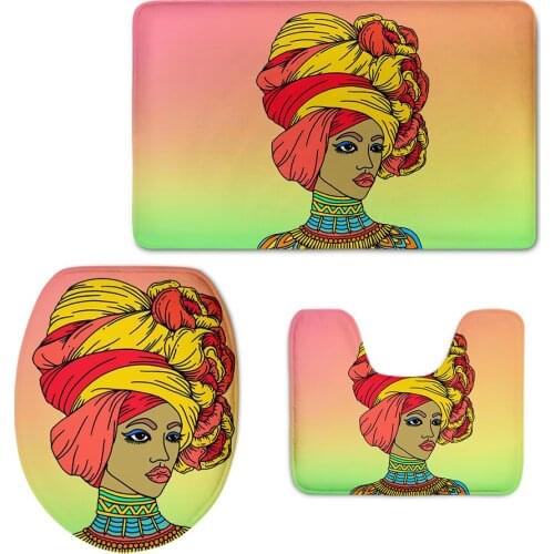 Gradient Style Ethnic Afro Tribal Black Women Print Overcoat Toilet Lid Cover Anti Skid Shower Mats Soft Absorbent Commode Pad