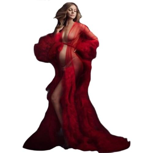 Red Maternity Dresses for Photoshoot Fluffy Luxury Ruffles Pajamas Party Nightgowns Custom Made Pregnacy Gowns Shoot