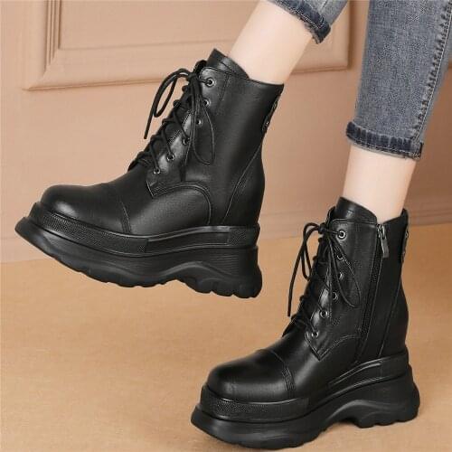 Fashion Sneakers Women Lace Up Genuine Leather Wedges High Heel Ankle Boots Female Round Toe Platform Pumps Shoes Casual Shoes
