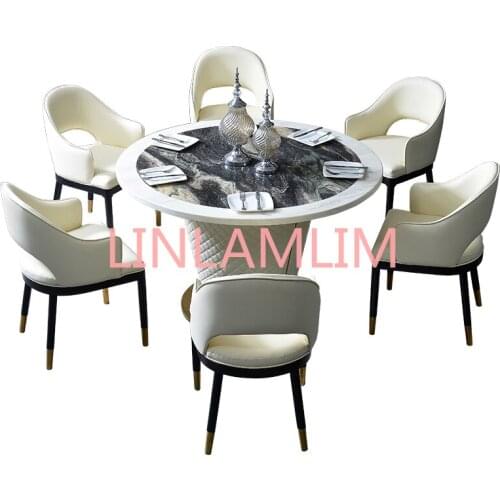 Marble stainless steel round dining table set comedor sillas de comedor стол обеденный mesa comedor muebles + 6 leather chairs