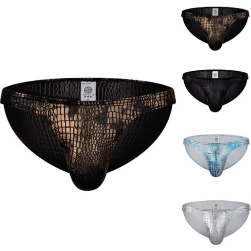 Nightclub Mens Sexy Underpants Breathable Snake Print Faux Leather Mens Low-rise Narrow-side Briefs S-XL