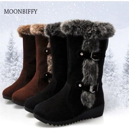 Winter Men Boots Casual Warm Fur Mid-Calf Boots Shoes Women Slip-On Round Toe Wedges Snow Boots Shoes Muje Plus Size