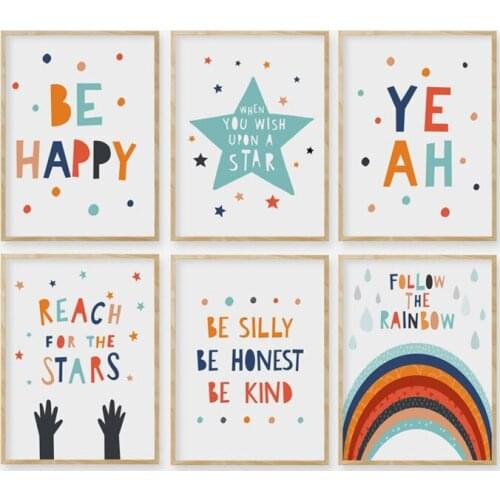 Nursery Wall Art Poster Cartoon Stars and Rainbow Canvas Painting Baby Room Decor Kids Playroom Wall Home Decoration Picture