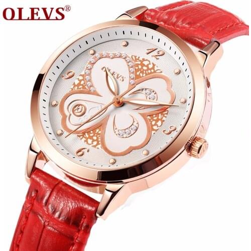 OLEVS Top Brand Rose Gold Daily Dress Leather Alloy Buckle Swim Quartz Creative Flowers Woman Watch Relogio Feminino AL5188RW