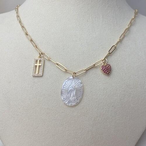 Oval Medal Holy Guadalupe Virgin Necklace For Women 2021 Link Chain Natural Mother of Pearl Shell Pendant Necklaces Jewelry