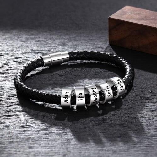 Personalized Braided Leather Bracelets for Men with Small Custom Beads with Magnetic Clasp Wrap Wristband Birthday Gift