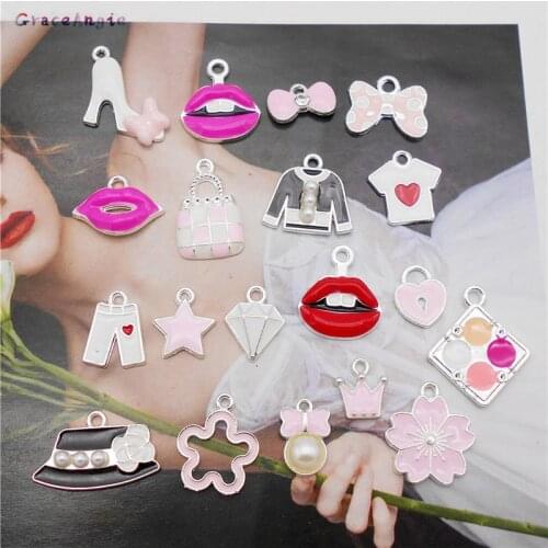 6-15pcs Flowers Charms Jewelry Making Enamel Charms hat bow hearts mouth crown Handmade Pendant For Diy Bracelet Jewelry Making