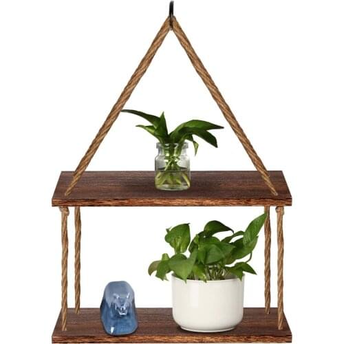 Wall Hanging Rope Shelf Wood Hanging Plant Shelves, 2 Tier Window Shelf Home Decor Storage Shelves for Interio