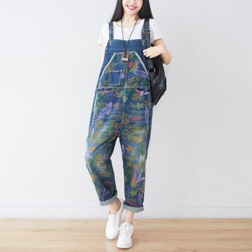 Stylish Print Floral Jeans Jumpsuit for Women Summer 2021 Plus Size Denim Overalls Casual Loose Baggy Bib Pants With Pockets