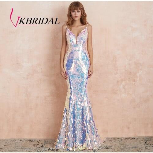 VKbridal Sparkly Evening Dresses 2019 Sexy Backless Illusion V Neck Pink Sequin Long Prom Party Formal Gowns