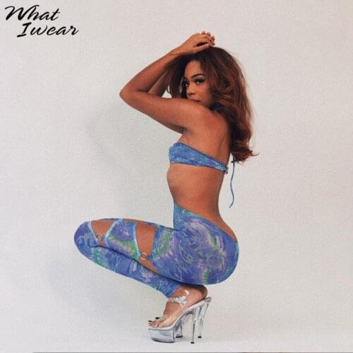 Whatiwear 2021Printed Sexy Cut Out Sleeveless Halter Rompers Womens Jumpsuit Fashion Street Style Bandage Party Clubwear Outfits