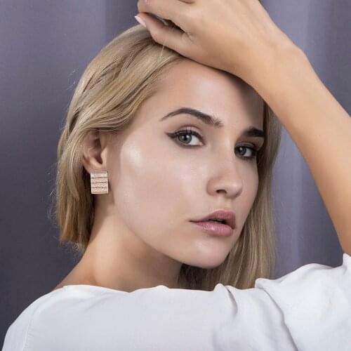 585 Rose Gold Stud Earrings For Women Girls Cubic Zirconia Curved Rectangle Fashion Jewelry Gifts LGE276