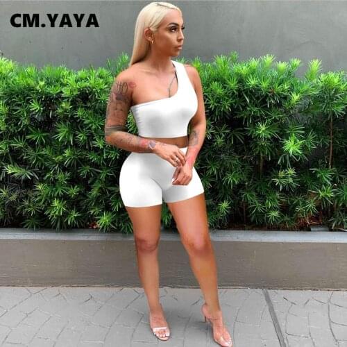 CM.YAYA Solid Elastic Active Tracksuit Women One Shoulder Crop Tops and Shorts Matching Two 2 Piece Set Outfits Summer Sweatsuit