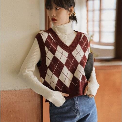 Argyle Plaid Sweater Vest Women 2021 New V-Neck Slim Short Sleeveless Casual Preppy Pullovers Knitted Female Tank Tops