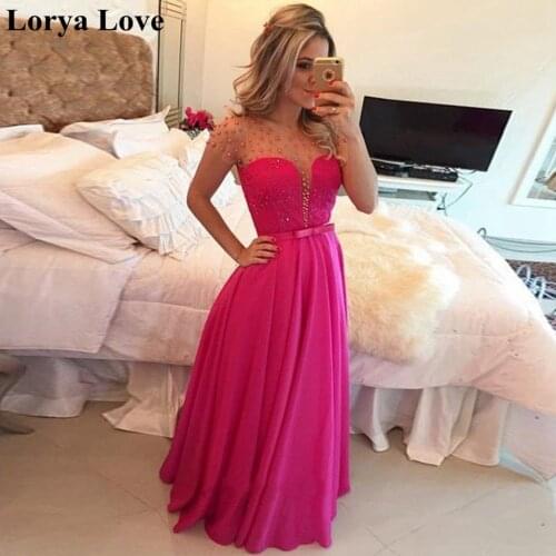 Pink Illusion Maxi Sequin Prom Dresses 2020 Women Elegant Party Night Beading Long Vestidos Gala Chiffon Sexy Robe Evening Dress