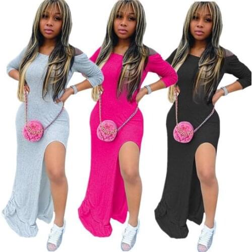 Long Sleeve Women Split Strapless Solid High Waist OL Casual Nightclub Dress Hot