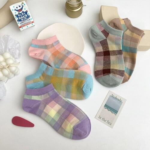 10Pcs=5Pairs/Lot Socks Women Retro Fashion Colorful Plaid Japanese Korean Harajuku Low Cut Soft Pure Cotton Boat Socks Pack