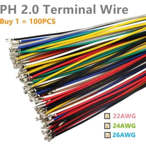 100PCS PH2.0 Spacing2.0MM Connector Terminal Wire Electronic Wire Single/Double Head without housing 26AWG 24AWG 22AWG 10cm 15cm