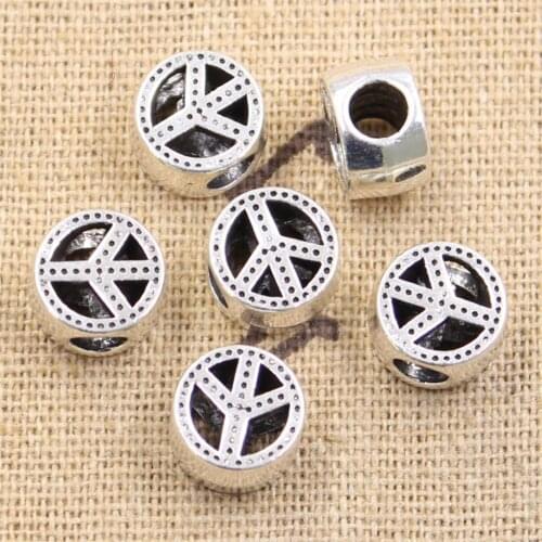 6pcs 11x7x11mm Peace Symbol 4.5mm Big Hole Bead Antique Silver Color Beads Charms Fits Diy Charms Bracelet Jewelry Beads