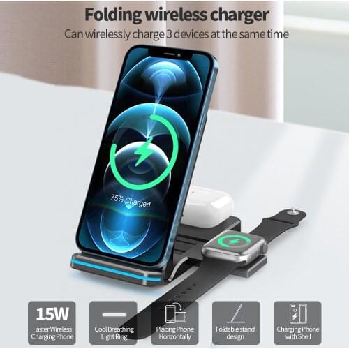 15W Fast Wireless Charger Station Dock For iPhone Samsung Huawei Apple iWatch Airpods Pro Quick Charging 3 in 1 Charger Adapter