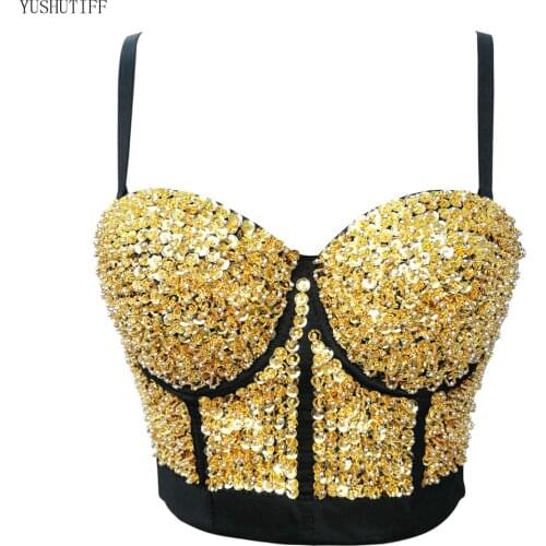 Sexy Bright Beading Sequins Nightclub Push Up Bralette Bra Cropped To Wear Out Corset Tops Female Camis Crop Top Mujer Clothes