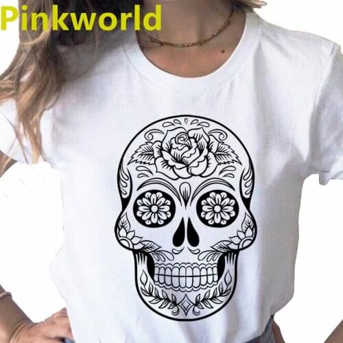 Black And White Skull Harajuku print ladies T-shirt ladies casual basis O-collar white shirt short sleeve lady Tshirt,Drop Ship