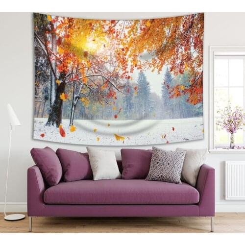 Tapestry Winter Sun Lights Breaking Through Golden Leaves of Autumn Trees Snow Covered Forest Scenery