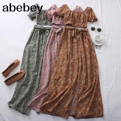 2021 New Spring Summer Fashion leisure two suit square neck floral slim short Shirt + high waist lace up wide leg Pants