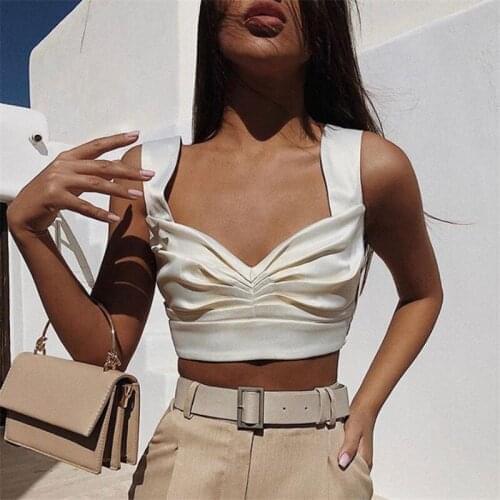 Musuos Crop Top Women Summer Sleeveless Shirt Tanks V Neck Ruched Slim Satin Vest Ladies Sexy Solid Backless Beach Street Tops