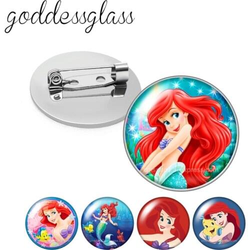 Disney The Little Mermaid Princess ariel Round Glass cabochon Silver color Brooch Dome Photo Jewelry Brooches Pin For Gift