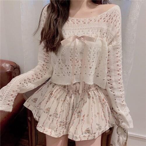 Sweet Pullovers Women Summer Ribbon Hollow Out Sexy Tops Bow Long Sleeve Loose Sweater Ulzzang Harajuku Sweaters