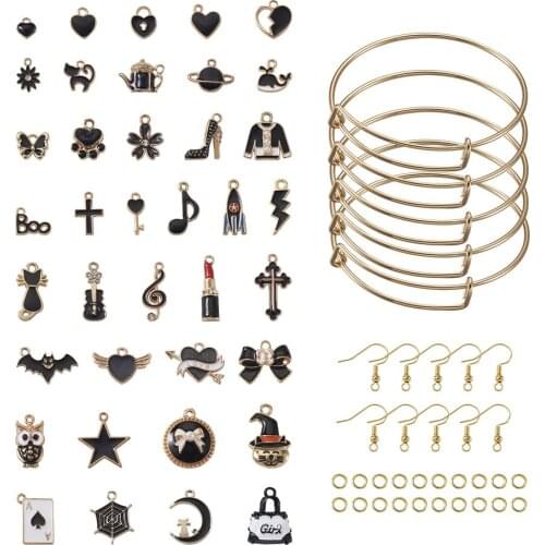 Handmade Bangle Making Kit with Stainless Steel Adjustable Bangles Mixed Black Enamel Charms Earring Hook for DIY Women Jewelry