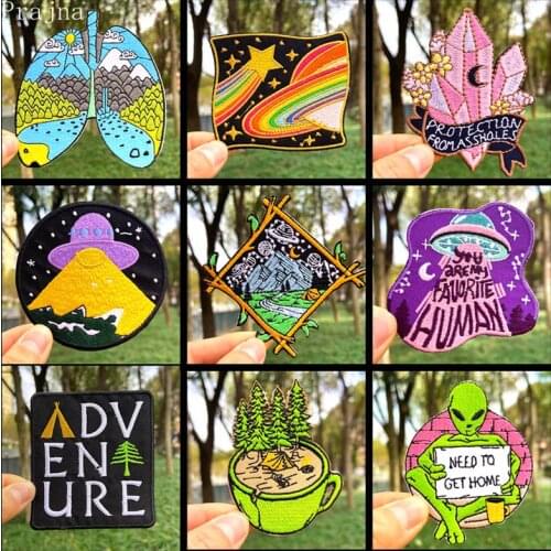 Prajan Space Alien Patch Outdoor Travel Embroiderd Patches For Clothing Iron On Patches DIY Mountain Adventure Nature Patches