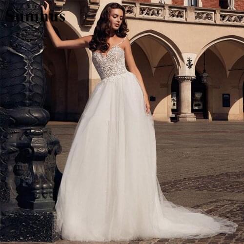 Sumnus Sexy Spaghetti Strips A-Line Wedding Dresses Appliques Lace Bridal Gowns Corset Back Wedding Gowns Robe De Mariee