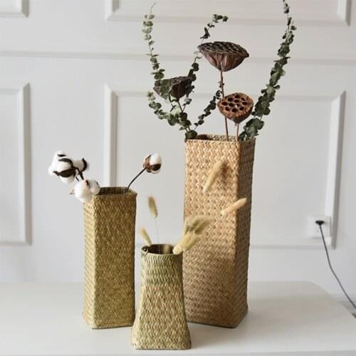 Hand Woven Dried Flower Vase Rattan Knitting Flower Basket Desktop Organizer Home Decoration